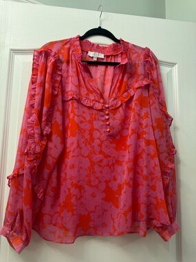 Sugarlips Pink and Orange Floral Ruffle V-Neck Top